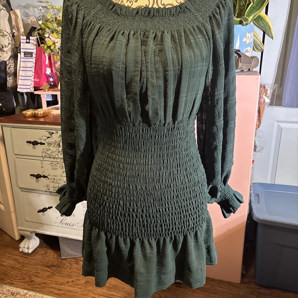 Mabel Smocked Mini Dress Or Tunic Dark Green Sz Large. Boho